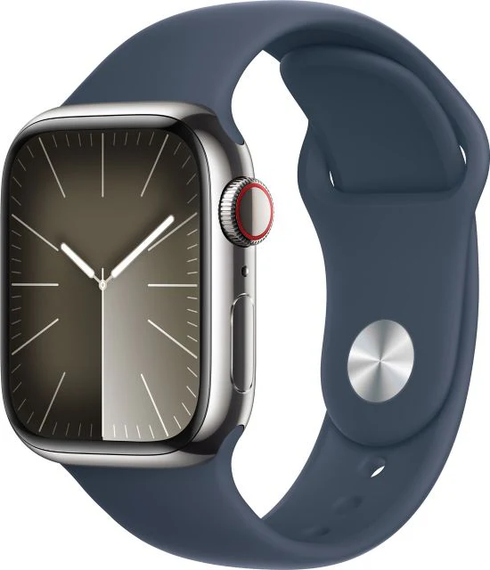 Apple Watch Series 9 GPS + Cellular 45mm Silver Stainless Steel Case with Storm Blue Sport Band - M/L