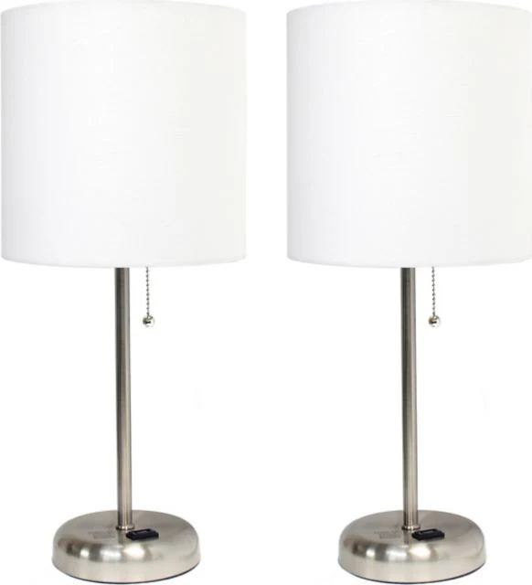 Creekwood Home 19.5 Oslo Contemporary Bedside Duo, Brushed Steel Table Lamp Two Pack Set with Power Outlet Shades - Image 3