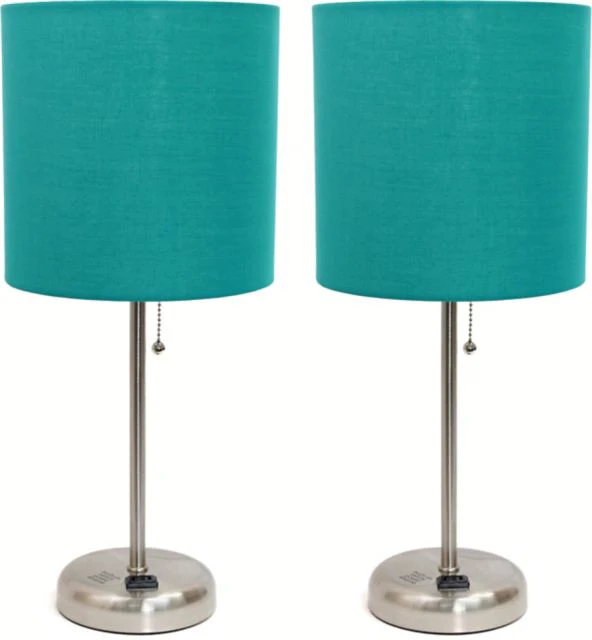 Creekwood Home 19.5 Oslo Contemporary Bedside Duo, Brushed Steel Table Lamp Two Pack Set with Power Outlet Shades - Image 5