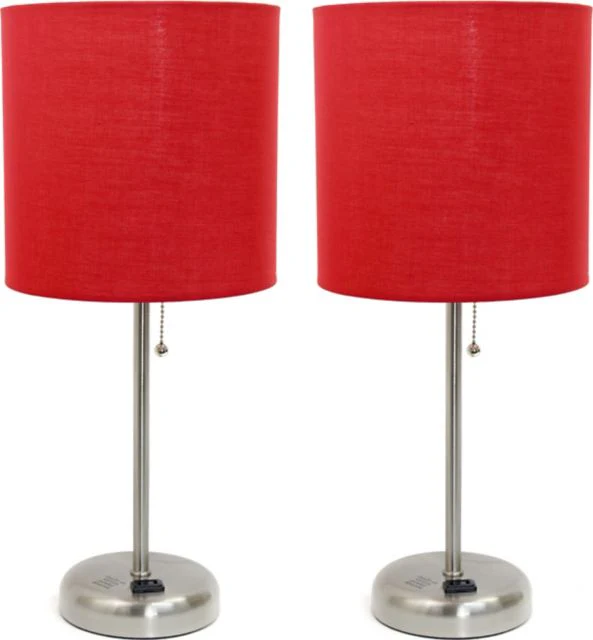 Creekwood Home 19.5 Oslo Contemporary Bedside Duo, Brushed Steel Table Lamp Two Pack Set with Power Outlet Shades - Image 8
