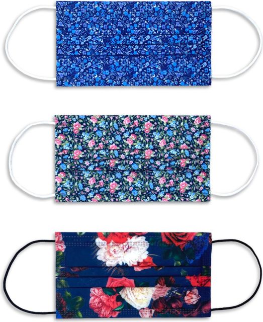 DISPOSABLE MASK BLUE SMALL FLORAL 12-PACK, NAVY MULTI FLORAL 12-PACK, AND NAVY LARGE FLORAL 12-PACK (36 TOTAL MASKS) - ONLINE ONLY