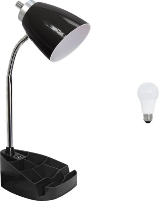 Simple Designs 18.5 Gooseneck Organizer Desk Lamp with iPad Tablet Stand Book Holder and USB port, with LED Bulb
