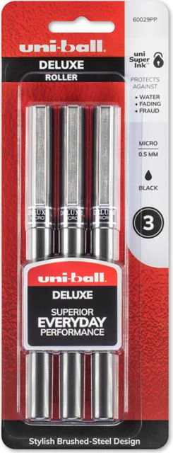 UNIBALL ROLLER BALL DELUXE PEN .5MM BLACK 3-PACK