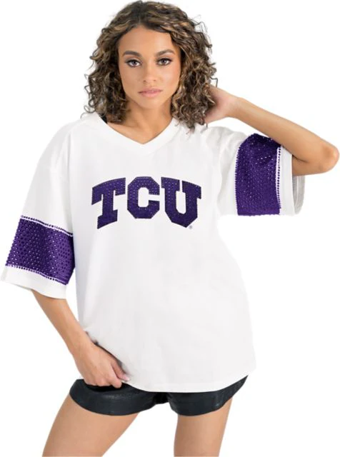 Texas Christian University Women's Half Sleeve Tee with Rhinestone Overlay Stripe Detail